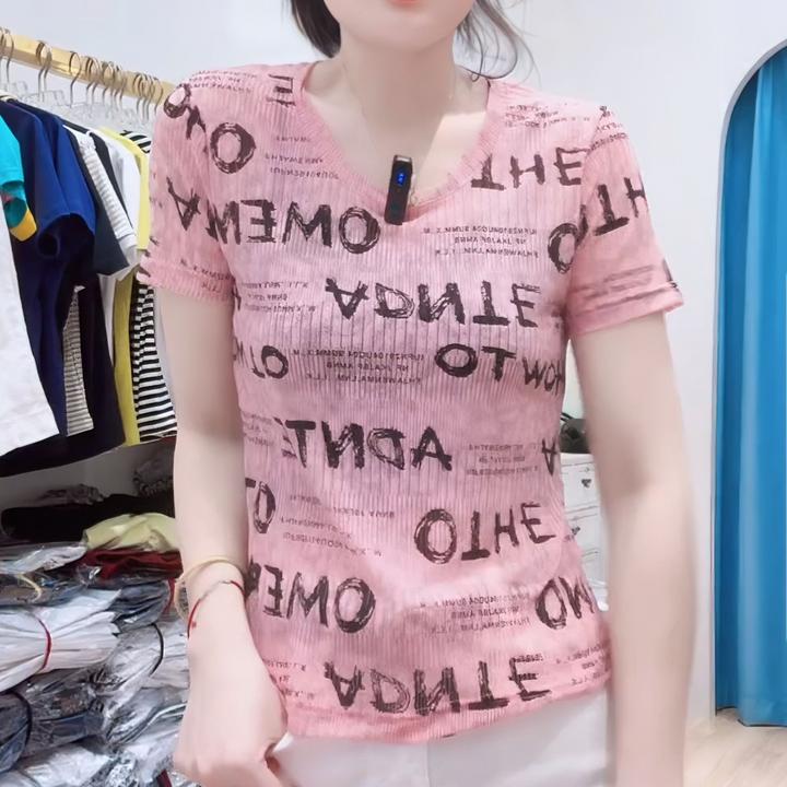 轻职风印花字母圆领时尚T恤女夏季纯欲辣妹修身显瘦时尚短款百搭