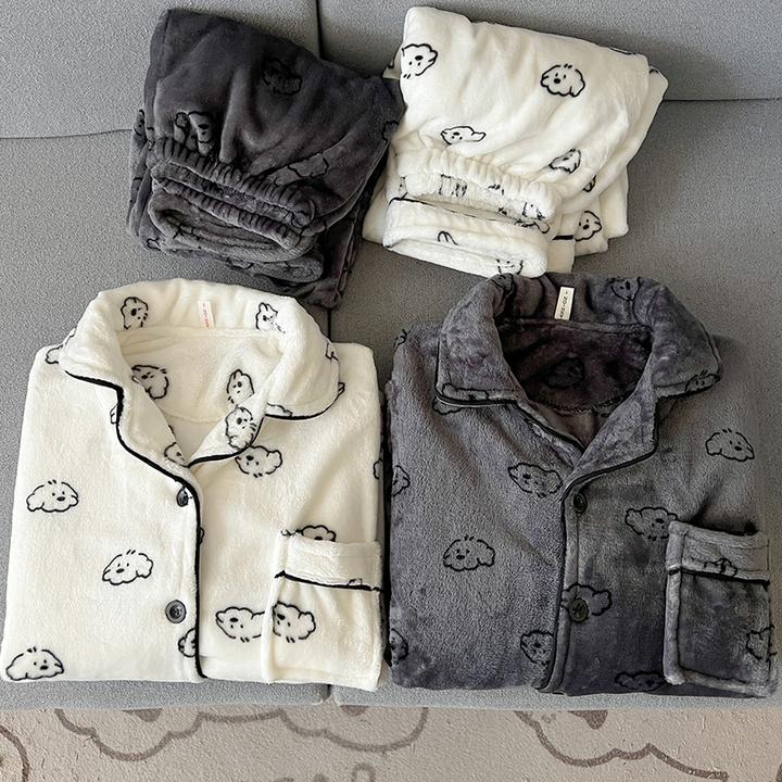 新款卷毛小狗情侣珊瑚绒睡衣女秋冬天法兰绒加绒加厚男士家居服