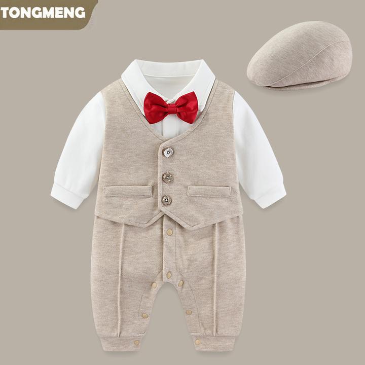 婴儿衣服春秋装小少爷哈衣爬服男宝宝绅士西装连体衣百天生日礼服