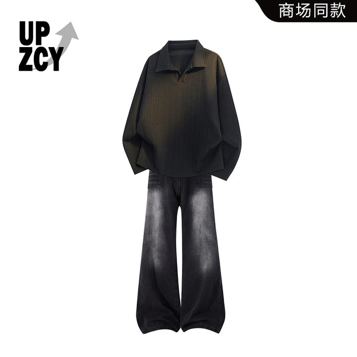 UPZCY肌理感卫衣套装男款秋季痞帅上衣高街牛仔裤两件套轻奢男装
