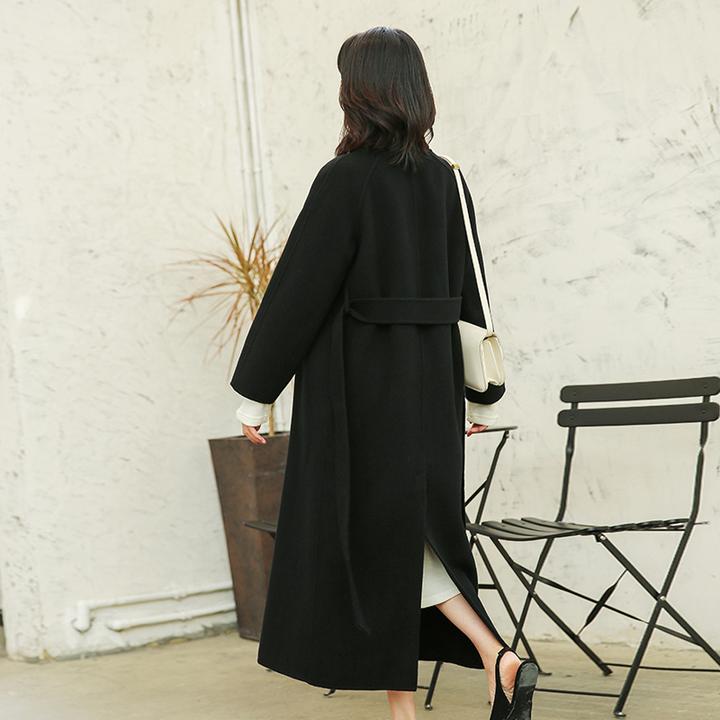 秋冬新款高端黑色双面羊毛呢大衣女中长款过膝羊毛外套优雅高级风