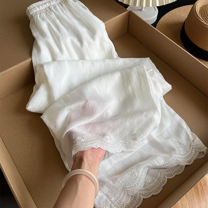 夏季小个子高腰显瘦垂感直筒裤宽松慵懒风白色气质时尚花边休闲裤