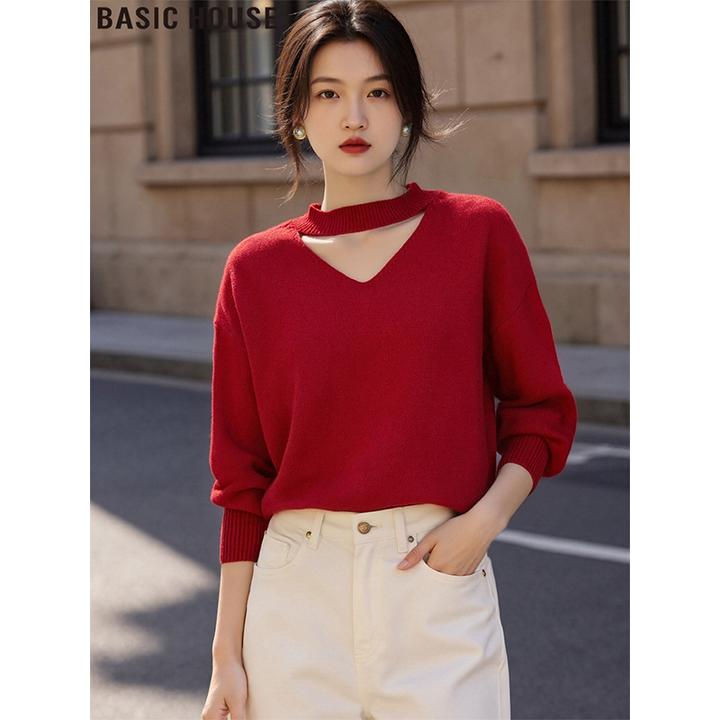 Basic House/百家好新年红长袖针织衫时尚镂空套头毛衣女2025冬季