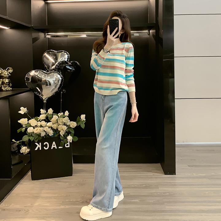 春秋新款条纹针织打底衫女内搭毛衣外穿上衣阔腿直筒牛仔裤两件套