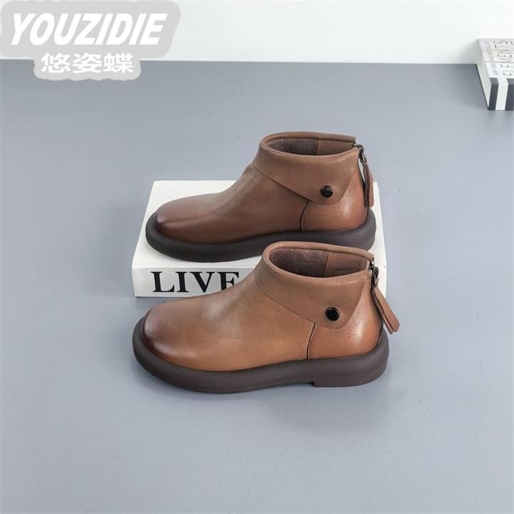 水洗头层牛皮复古短靴子女2025秋冬新款棕色马丁靴时尚英伦小皮靴