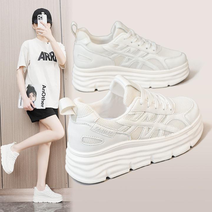 W百搭厚底老爹鞋女2025夏季新款网面透气休闲鞋小个子增高小白鞋