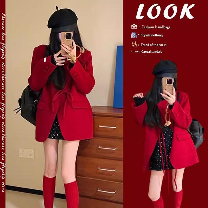 冬季一整套过年战袍中式国风蝴蝶结立领气质外套波点短裙两件套装