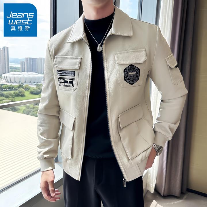 真维斯Jeanswest/男士白色帅气皮衣时尚外套修身机车百搭休闲夹克