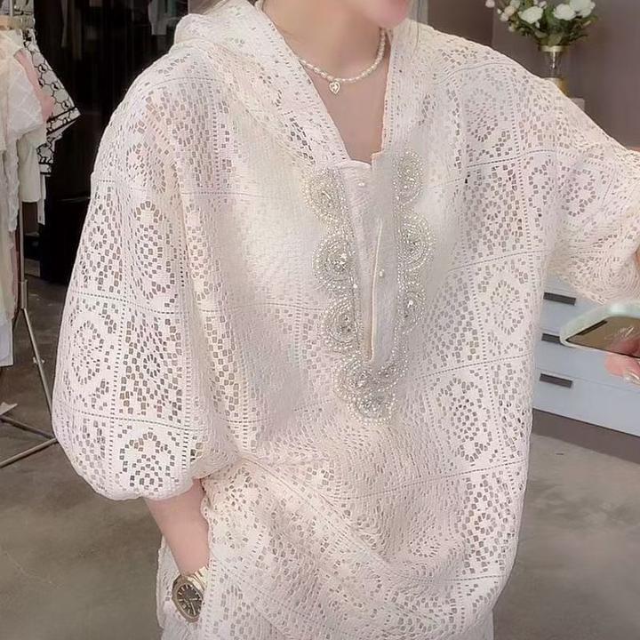 依依家大码女装757欧货重工镂空上衣帽衫短裤防晒套装名媛风套装