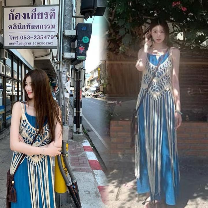 法式显白挂脖连衣裙三亚夏季旅游度假时尚镂空设计感沙滩长裙女夏