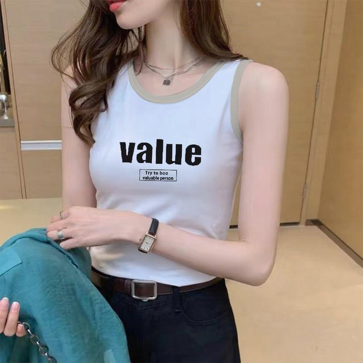 黑色白色纯棉无袖背心夏季修身通勤宽松显瘦打底外穿圆领印花上衣