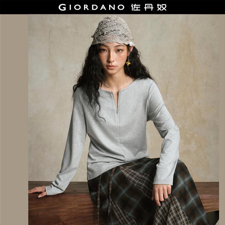 佐丹奴T恤女装设计师款拉链半开襟秋冬圆领长袖T恤 18325619