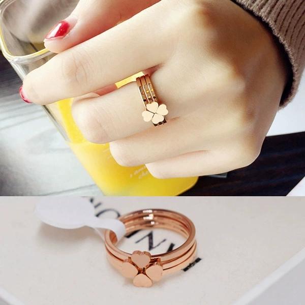 钛钢戒指 不掉色 高级设计感玫瑰色三合一四叶草戒指时尚气质百搭