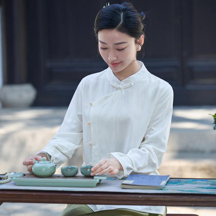 二喜茶服2025春夏复古小立领衬衫女 新中式打底衫对襟中式上衣