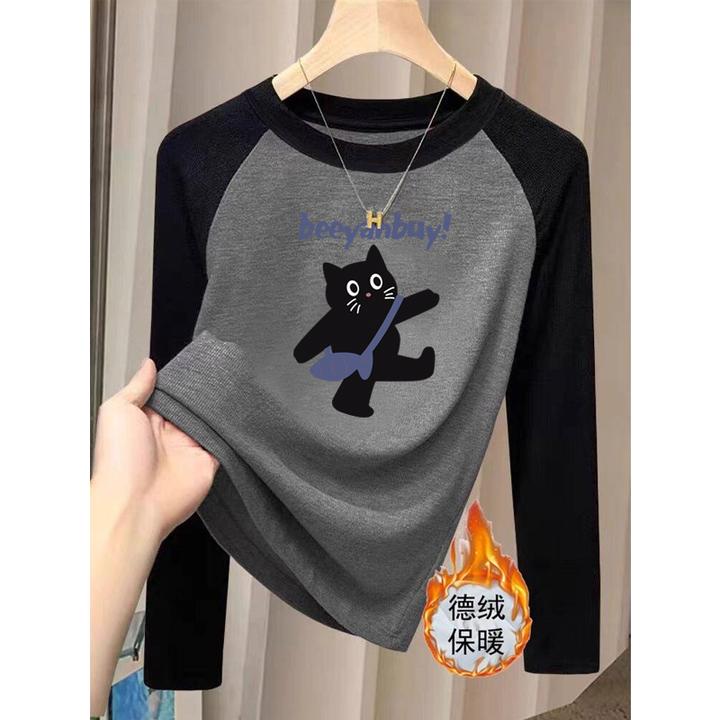 2025新款德绒小众撞色圆领正肩长袖t恤女时尚百搭加厚磨毛打底衫