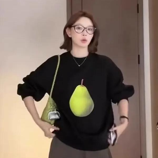 大码女装胖妹妹美式复古苹果印花圆领卫衣早秋休闲宽松慵懒风上衣