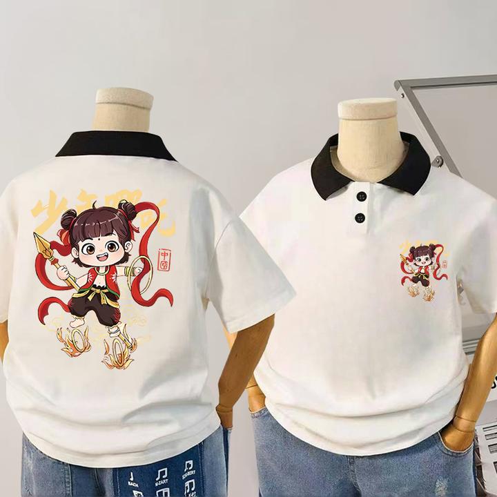 儿童哪吒短袖polo衫新款夏季男女童纯棉童装衣服百搭外穿上衣t恤