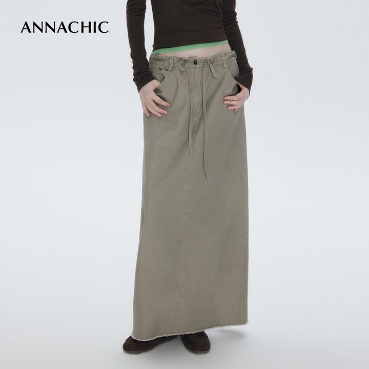ANNACHIC“淡人裙”_水洗纯棉抽绳调节半身裙H型遮胯显瘦直筒长裙