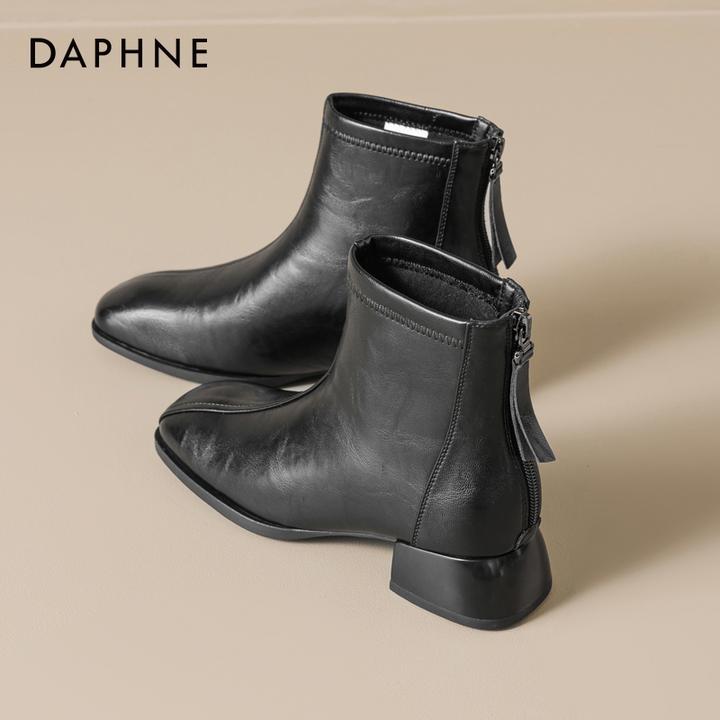 达芙妮新款方头黑色百搭马丁靴女2025秋季法式气质高跟切尔西短靴