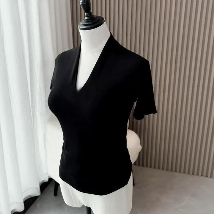 螺纹黑色V领短袖T恤女新款2025夏季洋气高级感小众修身洋气上衣潮