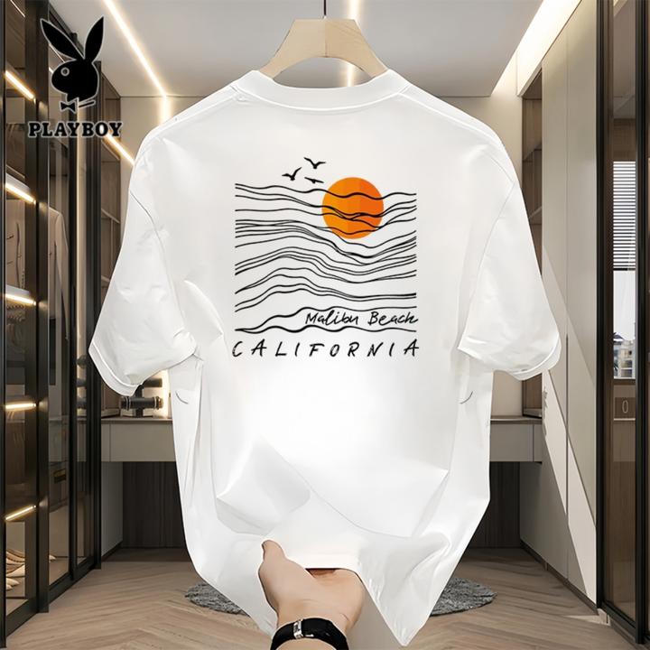 PLAYBOY/花花公子夏季日系纯棉潮牌印花T恤男士宽松百搭潮流上衣