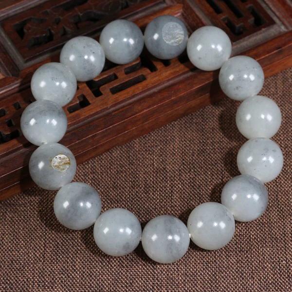 13.5mm和田白玉青花天然玉石手串男女圆珠手链 保真百搭素圈单圈