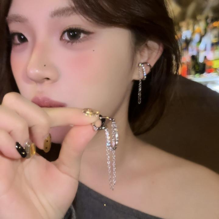 铜合金合成锆石耳饰 微镶闪锆链条耳骨夹无耳洞耳夹流苏耳环女