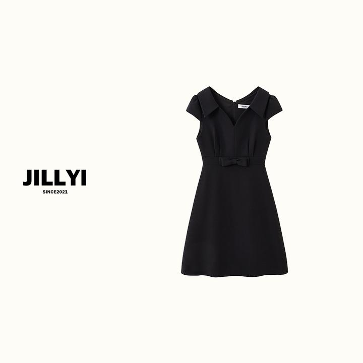 jillyi【优雅小姐】夏季显瘦气质时尚收腰黑色设计感翻领无袖连衣裙