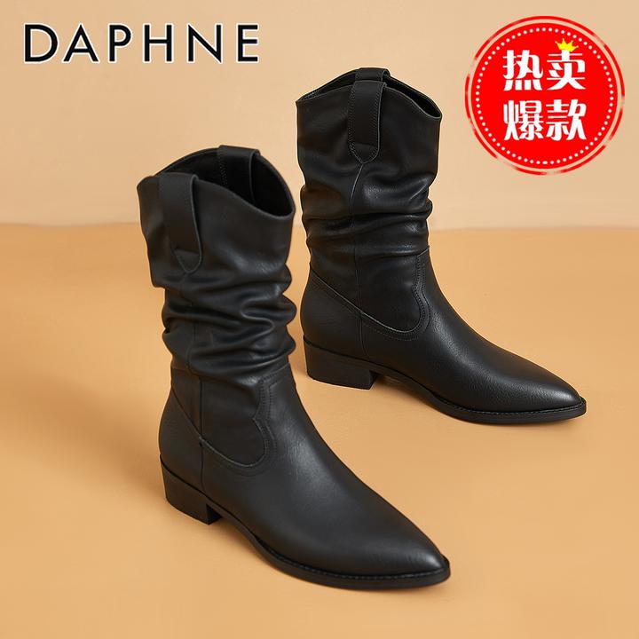 达芙妮尖头褶皱堆堆靴女靴2025新款秋季西部牛仔靴粗跟中筒时装靴