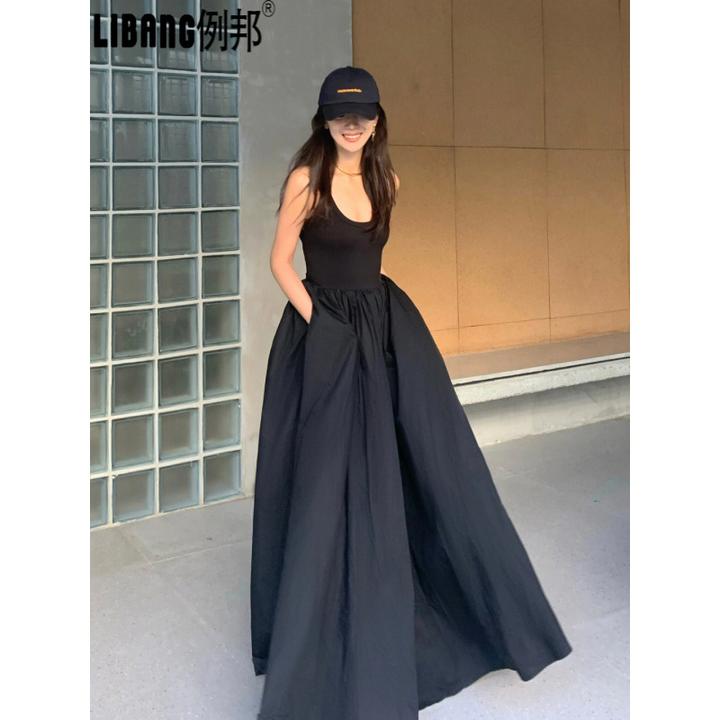 例邦时尚小黑裙法式复古感无袖连衣长裙赫本风桔梗吊带女夏季黑色