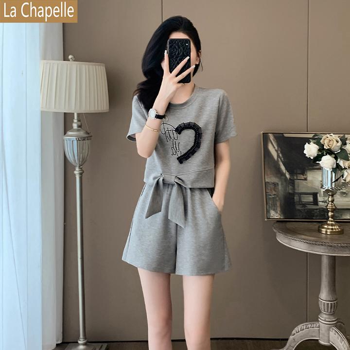 拉夏贝尔时尚休闲运动套装女韩版显瘦宽松高腰上衣短袖短裤两件套