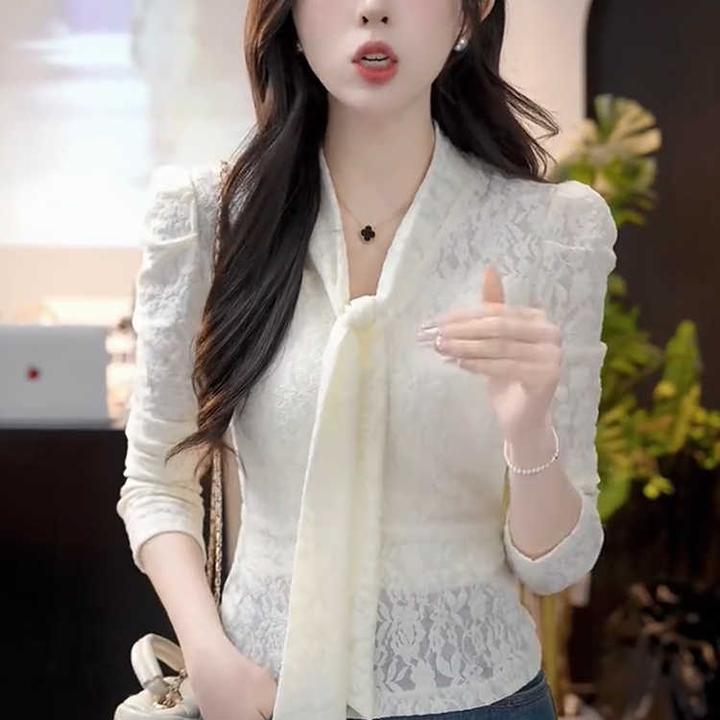 2025秋季新款法式气质女人味蝴蝶结蕾丝打底衫女长袖减龄洋气上衣