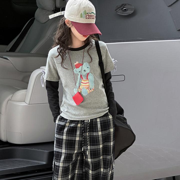女童长袖t恤春秋款2025新款洋气儿童假两件打底衫时髦秋装上衣潮