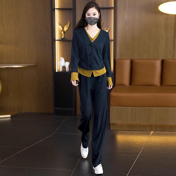 【女神新衣】2025大码秋季新款休闲V领时尚宽松显瘦假两件上衣套装