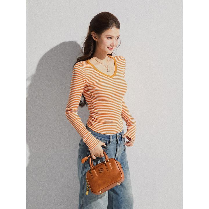 谢不肉 条纹正肩修身长袖T恤女秋季显瘦短款打底上衣50840