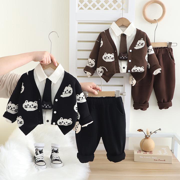 男童2024秋季新款长袖衬衫保暖毛衣束脚长裤猫咪系列三件套