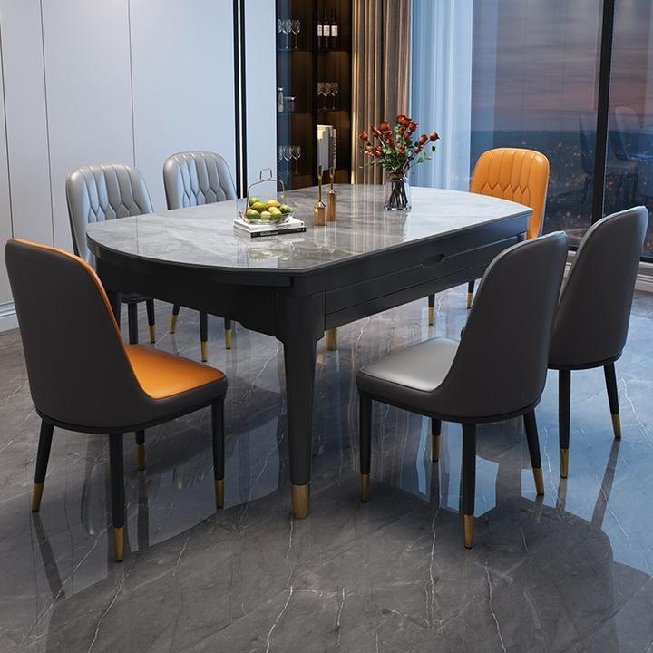 2024年新款岩板餐桌椅组合长方形可伸缩带电磁炉转盘折叠可变圆桌