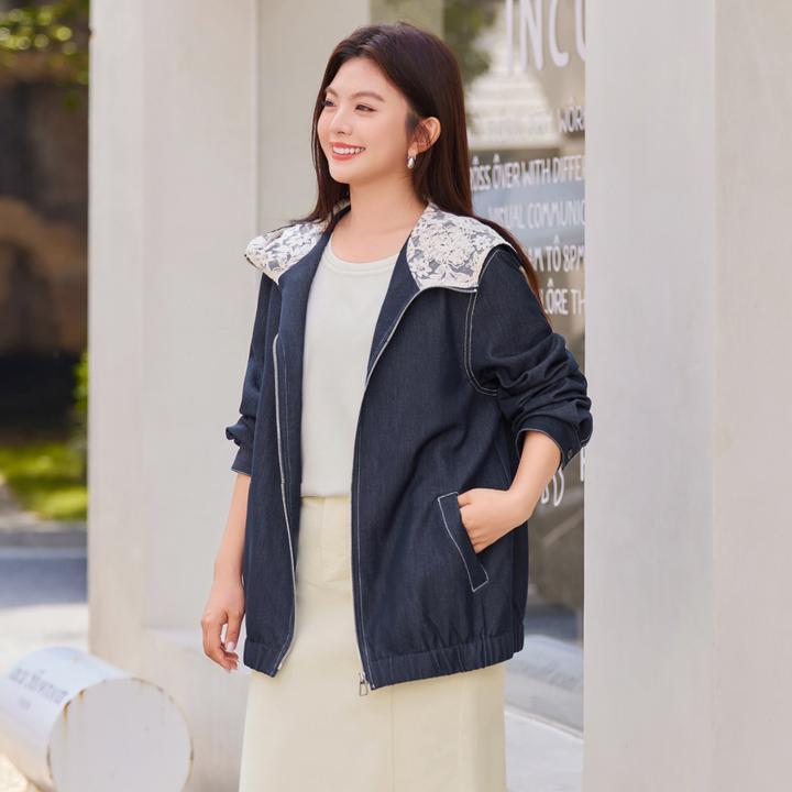 【仿牛仔连帽外套】MsShe大码女装秋季宽松绣花蕾丝拼接T~M2508038