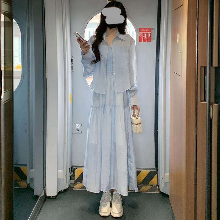 纯欲气质翻领长袖开衫衬衣女2025夏季新款内搭褶皱吊带连衣裙套装