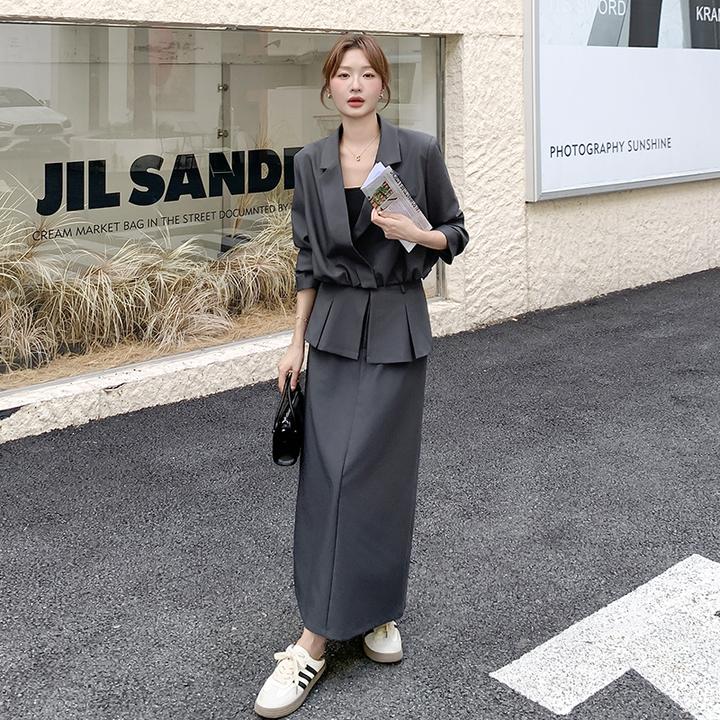 韩系通勤气质西装套装裙女秋季2025年新款假两件半身裙两件套显瘦