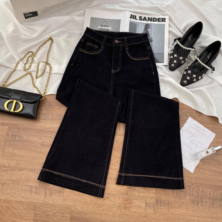 黑金色阔腿牛仔裤女秋季2025年新款小个子高腰显瘦弹力直筒裤子女