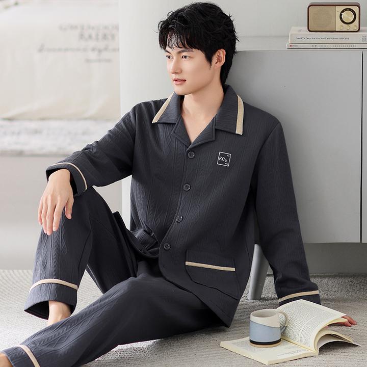 2025秋冬新款男士睡衣时尚加厚纯棉长袖空气棉家居服夹棉大码套装
