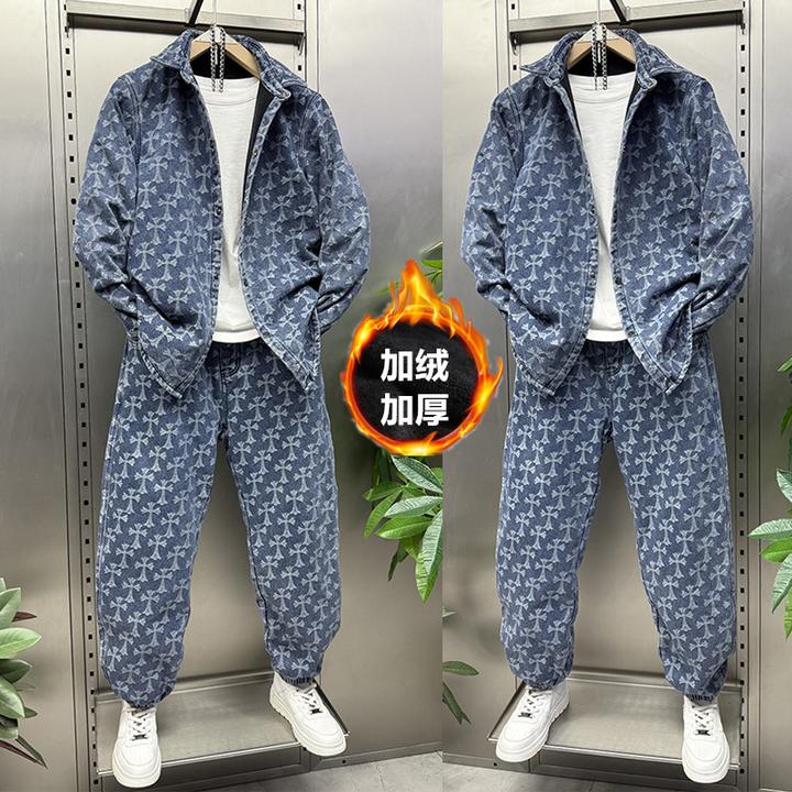 男士加绒加厚牛仔套装冬季翻领夹克外套时尚束脚休闲运动两件套潮