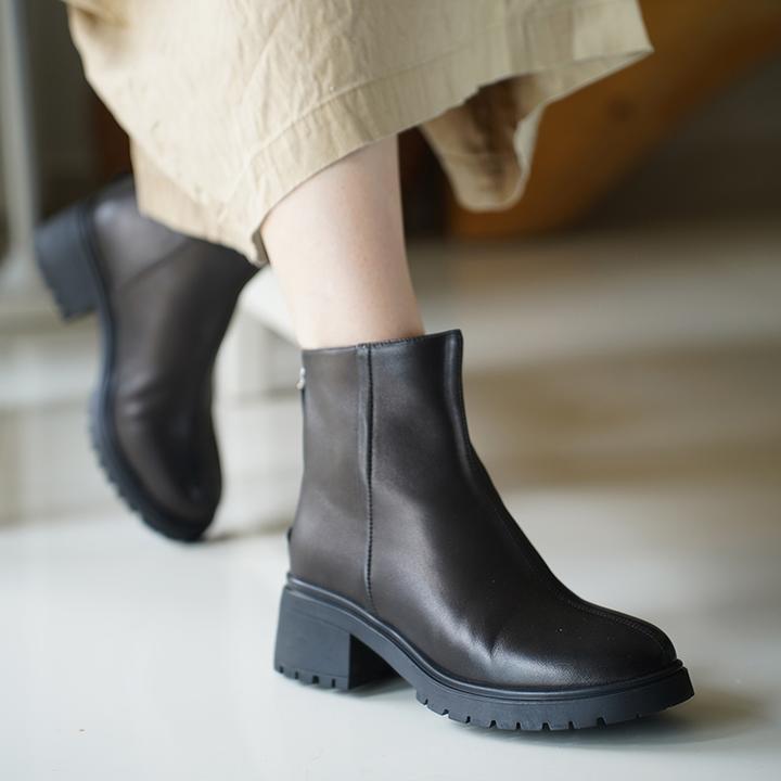 壹家shoes019027羊皮短靴5cm圆头粗跟加绒款秋冬靴子通勤真皮女靴