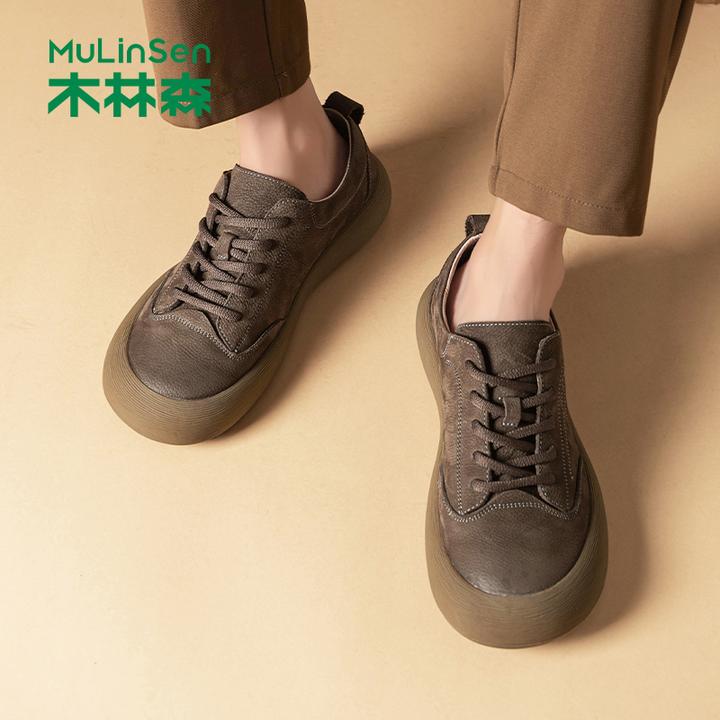 木林森头层牛皮男鞋2025秋季新款工装复古男休闲皮鞋工作软底板鞋