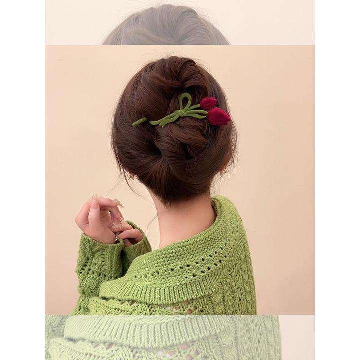 秋冬植绒郁金香发夹女后脑勺盘发抓夹大号夹子头饰高级感一字夹子