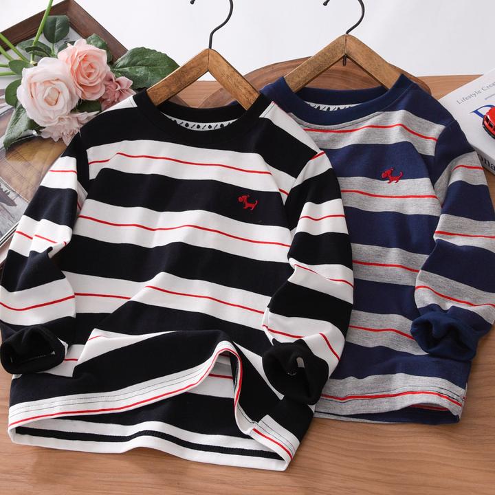 男童长袖T恤春秋季2025新款中大童亲肤纯棉儿童装条纹休闲打底衫