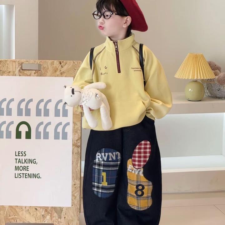 儿童卫衣套装2025新款时髦洋气卫衣宽松运动上衣百搭牛仔弯刀套装