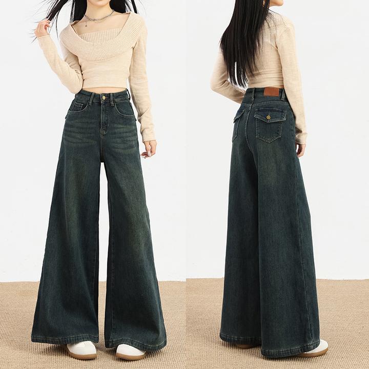 加绒阔腿牛仔裤女长裤秋冬季潮流垂感拖地裤子弹力显瘦宽松时尚