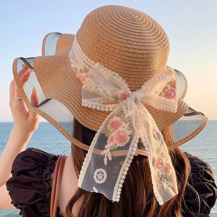 2025新款花朵飘带遮阳帽女海边度假甜美蕾丝太阳帽夏季大帽檐草帽